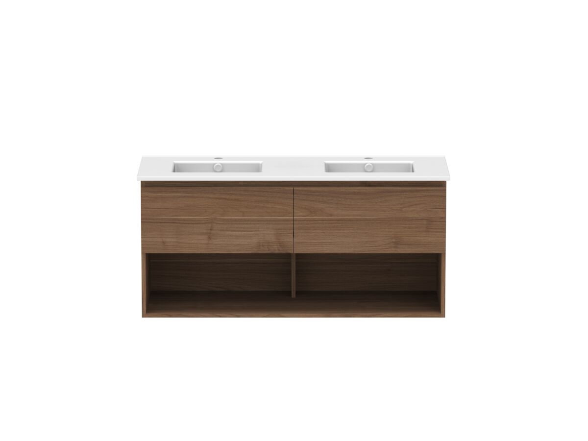 Hero - Posh Domaine 1200mm Wall Hung Vanity Unit All-Drawer Open Shelf Double Bowl Matte White Ceramic Top