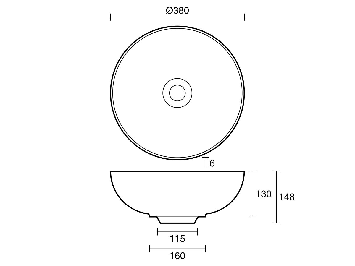Technical Drawing - Omvivo Villa Thin Edge Round Above Counter Basin 380mm
