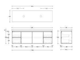 Technical Drawing - Posh Domaine 1800mm Wall Hung Vanity Unit Conventional Double Bowl 90mm Top