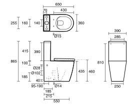 Technical Drawing - Kado Lux Close Coupled Back To Wall Rimless Overheight Bottom Inlet Toilet Suite