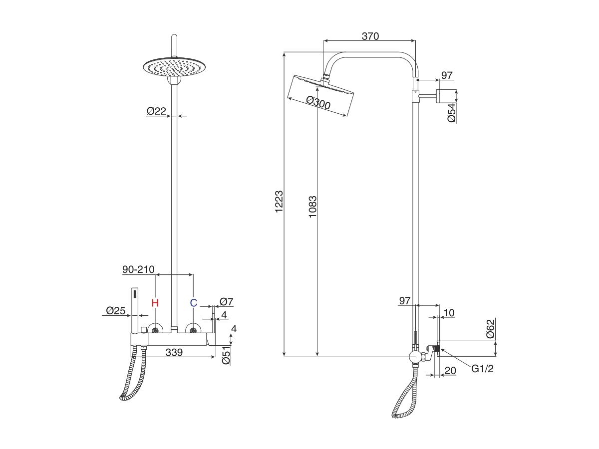 Milli Inox Wall Mount Twin Rail Shower with 300mm Overhead Stainless Steel (3 Star)
