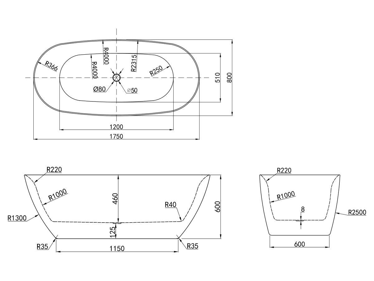 Kado Lux Oval Freestanding Bath 1750x800x600 White