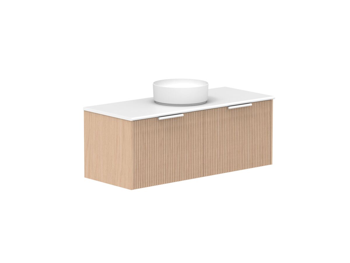 Supporting Image 2- Kado Neue Fluted Square All Drawer 1200mm Wall Hung Vanity with Centre Basin 20mm Top Blonde Oak