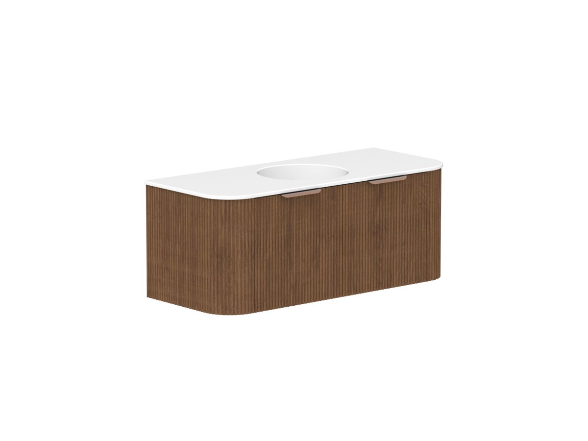 Supporting Image - Kado Neue Fluted Double Curve 1200mm Wall Hung Vanity Centre Basin Matte White Ceramic Top Florentine Walnut