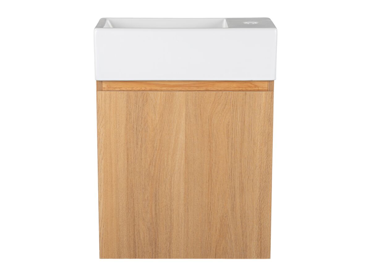 Hero - Posh Solus Powder Room Vanity Unit Wall Mounted Left Hand Bowl 1 Taphole Oak Finish