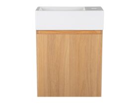 Hero - Posh Solus Powder Room Vanity Unit Wall Mounted Left Hand Bowl 1 Taphole Oak Finish