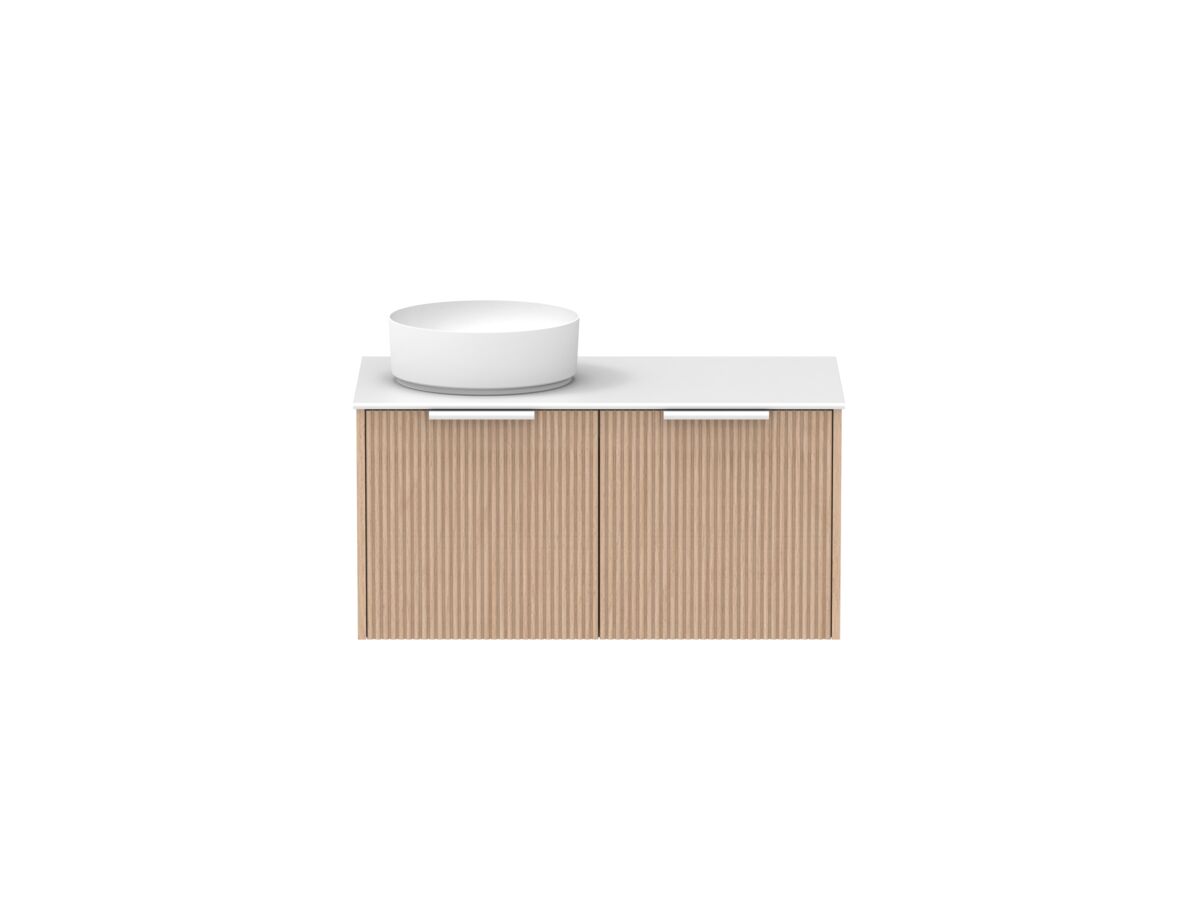 Supporting Image - Kado Neue Fluted Square 900mm Wall Hung Vanity with Left Basin Durasein 12mm Top Blonde Oak