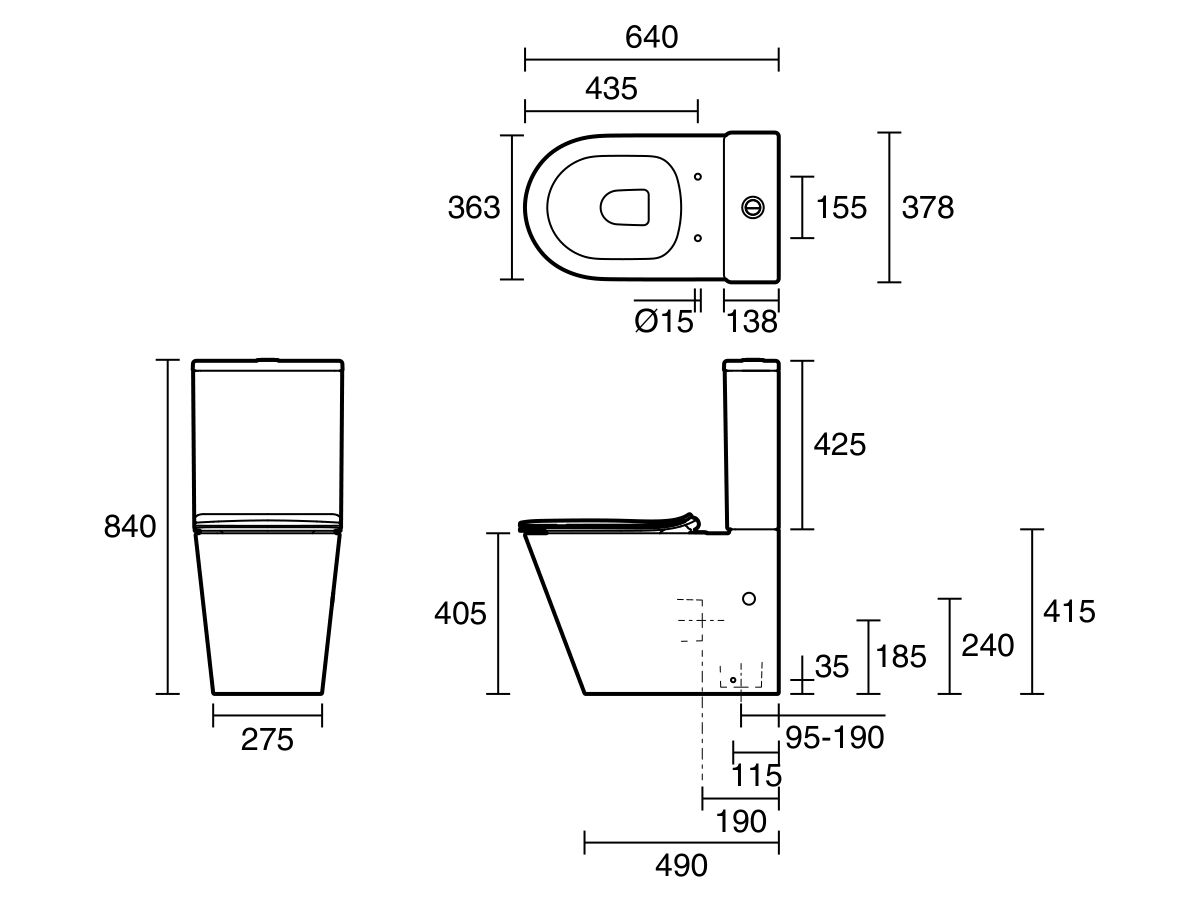 Technical Drawing - Posh Solus Close Coupled Back to Wall MK2 Rimless Bottom Inlet Toilet Suite Thin Seat (4 Star)