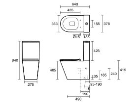 Technical Drawing - Posh Solus Close Coupled Back to Wall MK2 Rimless Bottom Inlet Toilet Suite Thin Seat (4 Star)