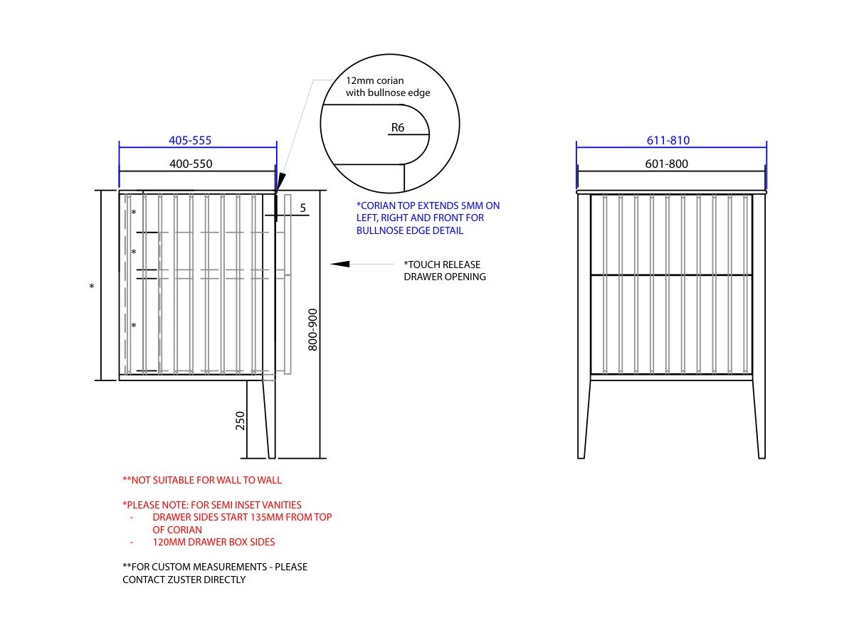 ISSY Custom Cloud II 601-800mm x 400-550mm x 800-900mm Vanity Unit with Legs 2 Touch Latch Drawers Semi Inset (No Basin)