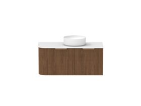 Supporting Image - Kado Neue Fluted Single Curve All Drawer 1050mm Wall Hung Vanity with Centre Basin Durasein 12mm Top Florentine Walnut