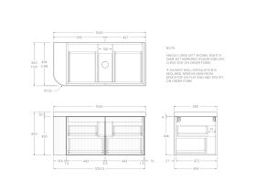 Technical Drawing - Kado Neue Fluted Single Curve All Drawer 1050mm Wall Hung Vanity with Centre Basin Durasein 50mm Top
