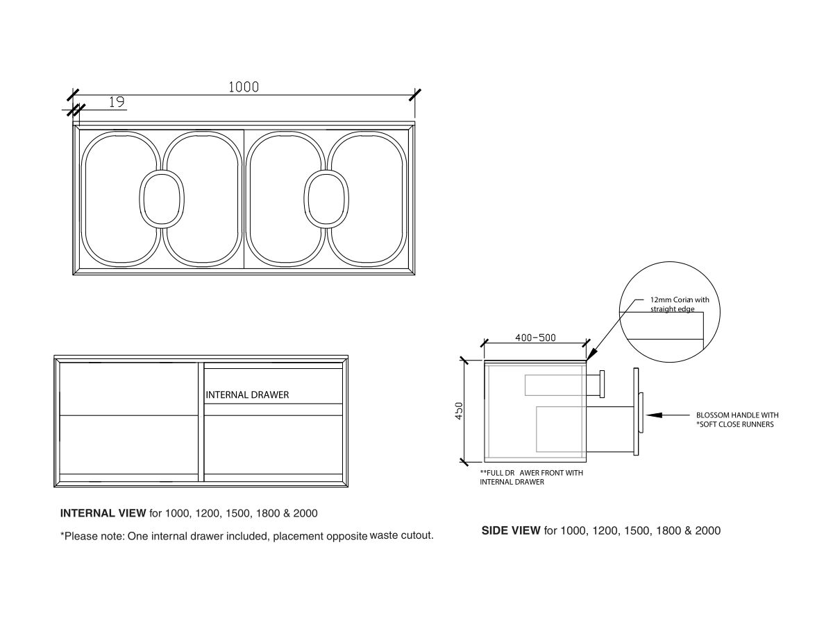 ISSY Blossom II 1000 x 400-500 x 450 Vanity Unit with Two Soft Close Drawer and One Internal Drawer, with Handle