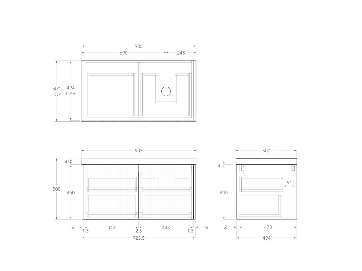 Technical Drawing - Kado Neue Fluted Square All Drawer 900mm Wall Hung Vanity with Right Basin 50mm Top