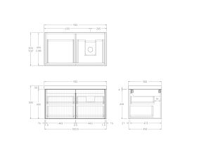 Technical Drawing - Kado Neue Fluted Square All Drawer 900mm Wall Hung Vanity with Right Basin 50mm Top