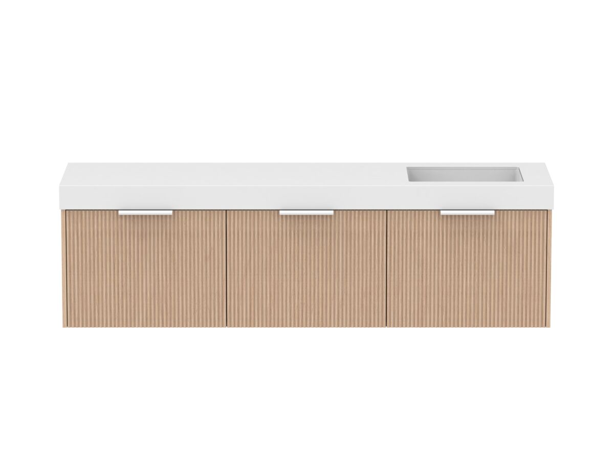 Supporting Image - Kado Neue Fluted Square All Drawer 1800mm Wall Hung Vanity with Right Hand Basin 90mm Top Blonde Oak