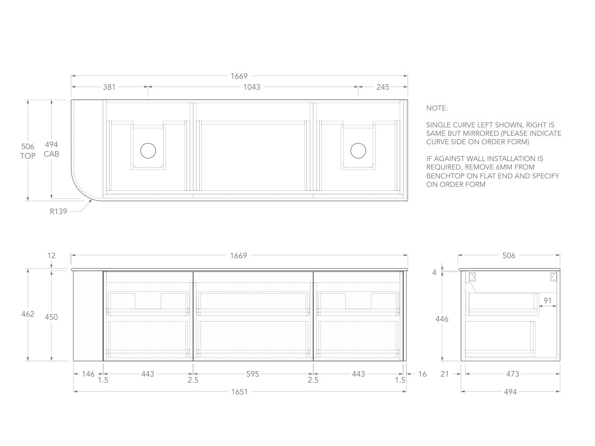 Technical Drawing - Kado Neue Fluted Single Curve All Drawer 1650mm Wall Hung Vanity with Double Basin Durasein 12mm Top