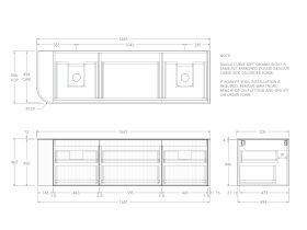 Technical Drawing - Kado Neue Fluted Single Curve All Drawer 1650mm Wall Hung Vanity with Double Basin Durasein 12mm Top