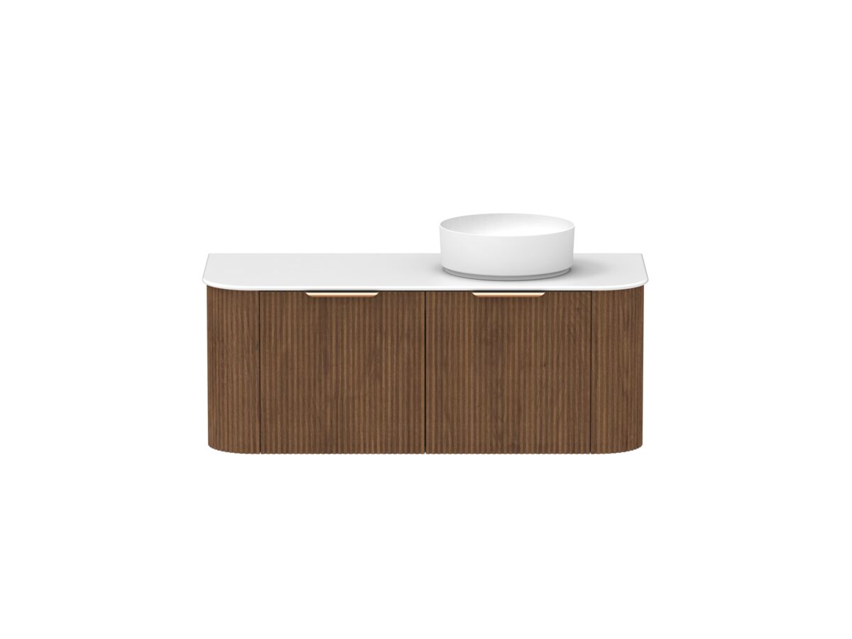 Hero - Kado Neue Fluted Double Curve All Drawer 1200 Wall Hung Vanity with Right Hand Basin Durasein 12mm Top Florentine Walnut