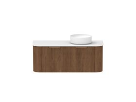 Hero - Kado Neue Fluted Double Curve All Drawer 1200 Wall Hung Vanity with Right Hand Basin Durasein 12mm Top Florentine Walnut