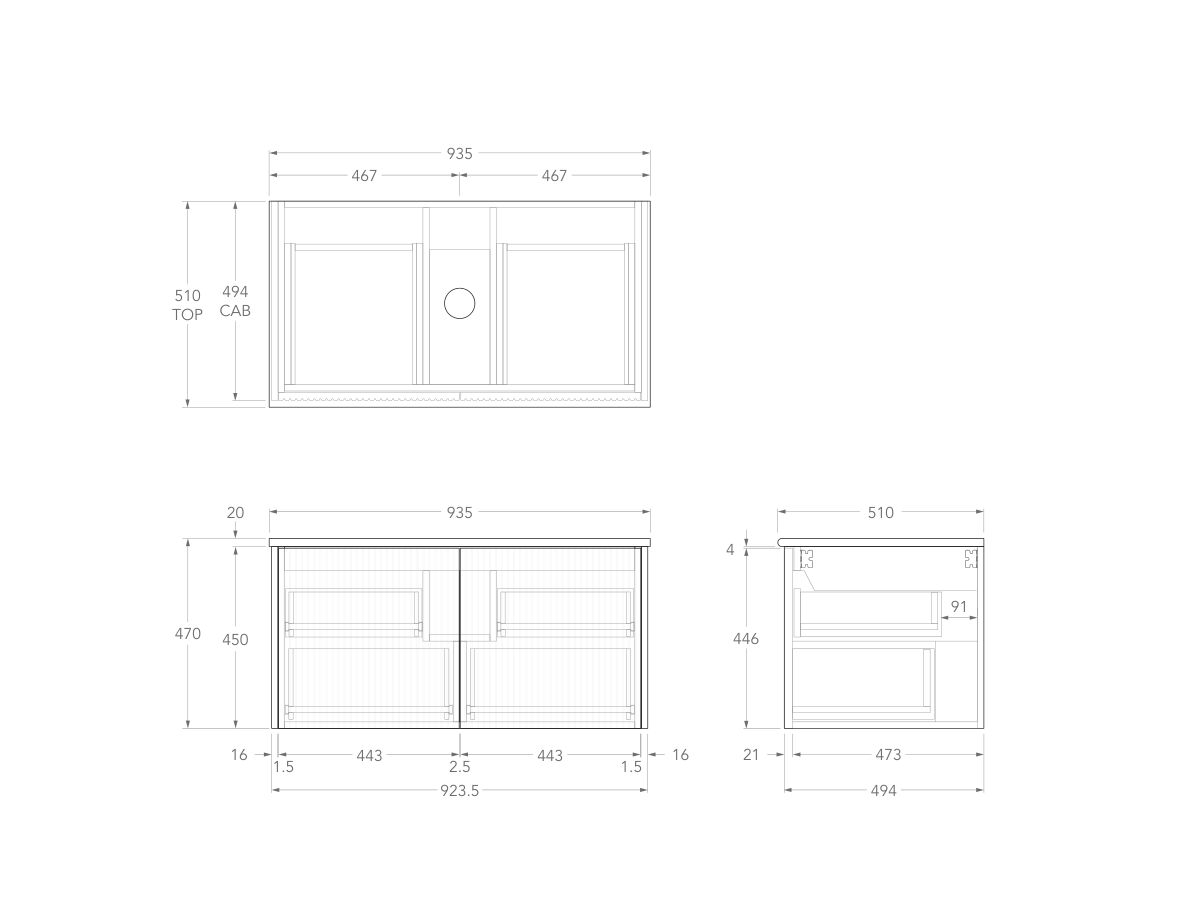Technical Drawing - Kado Neue Fluted Square All Drawer 900mm Wall Hung Vanity with Centre Basin 20mm Top