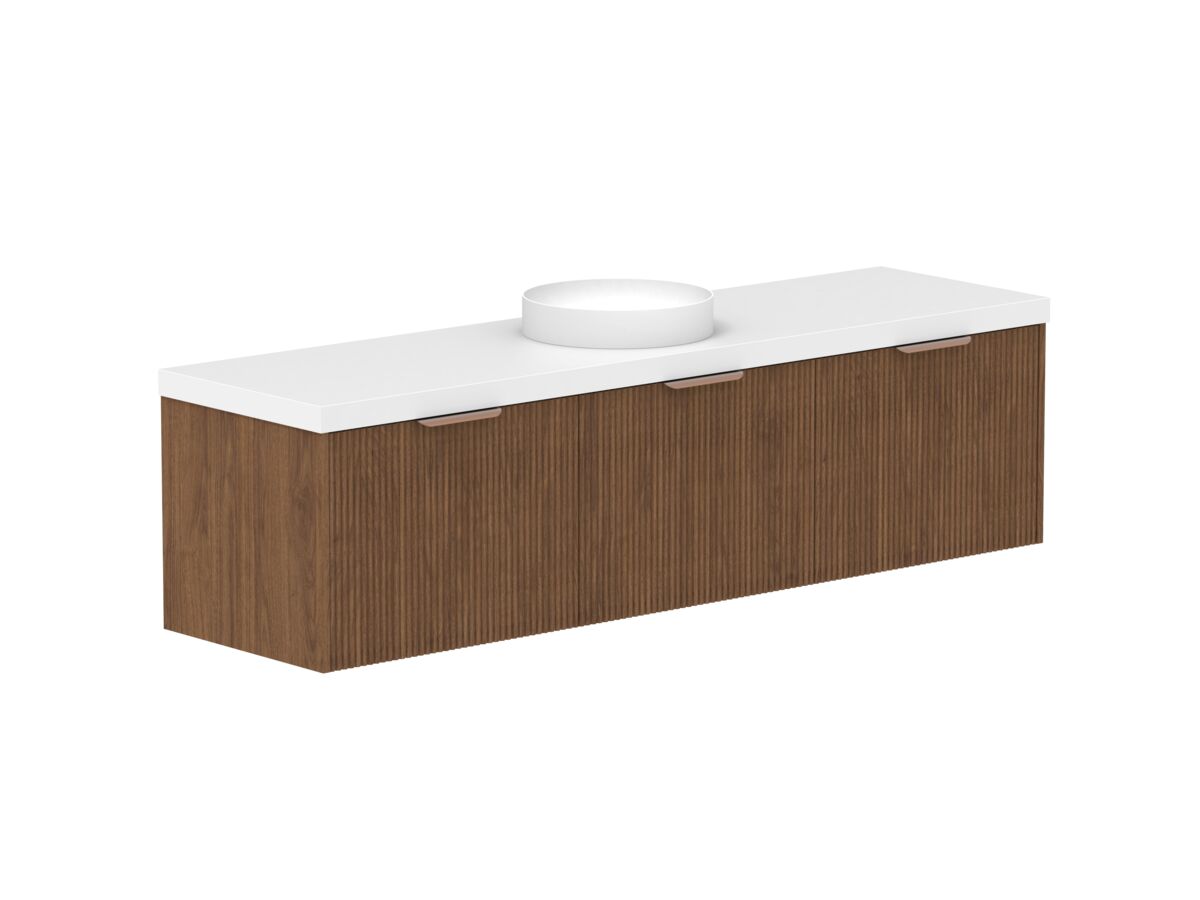 Hero - Kado Neue Fluted Square All Drawer 1800mm Wall Hung Vanity with Centre Basin 50mm Top Florentine Walnut