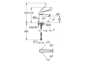 Technical Drawing - GROHE Eurosmart Extended Lever Basin Mixer Chrome (5 Star) Lead Free