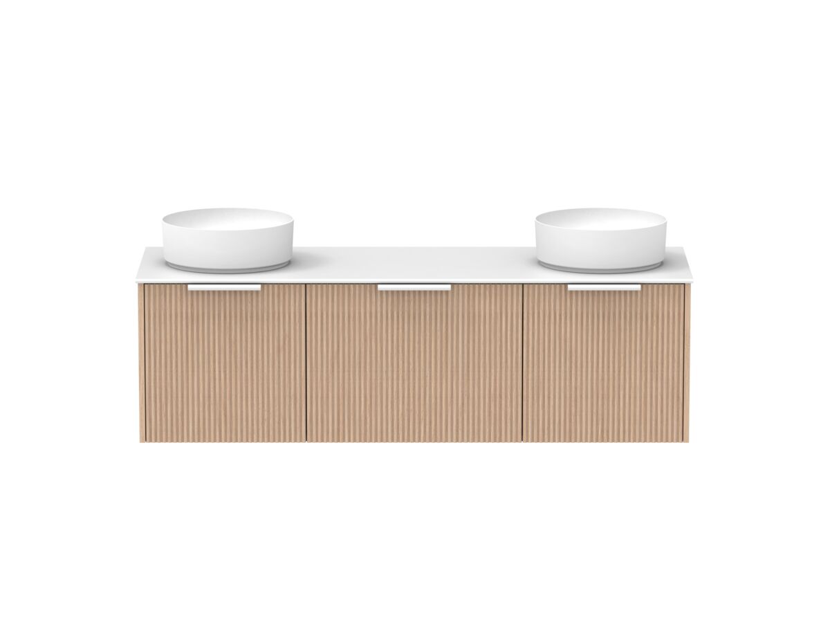 Supporting Image - Kado Neue Fluted Square All Drawer 1500mm Wall Hung Vanity with Double Basin Durasein 12mm Top Blonde Oak