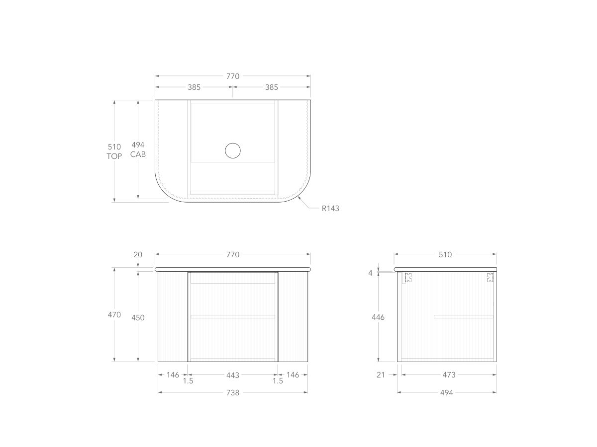 Technical Drawing - Kado Neue Fluted Double Curve All Door 750mm Wall Hung Vanity with Centre Basin 20mm Top