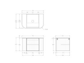 Technical Drawing - Kado Neue Fluted Double Curve All Door 750mm Wall Hung Vanity with Centre Basin 20mm Top