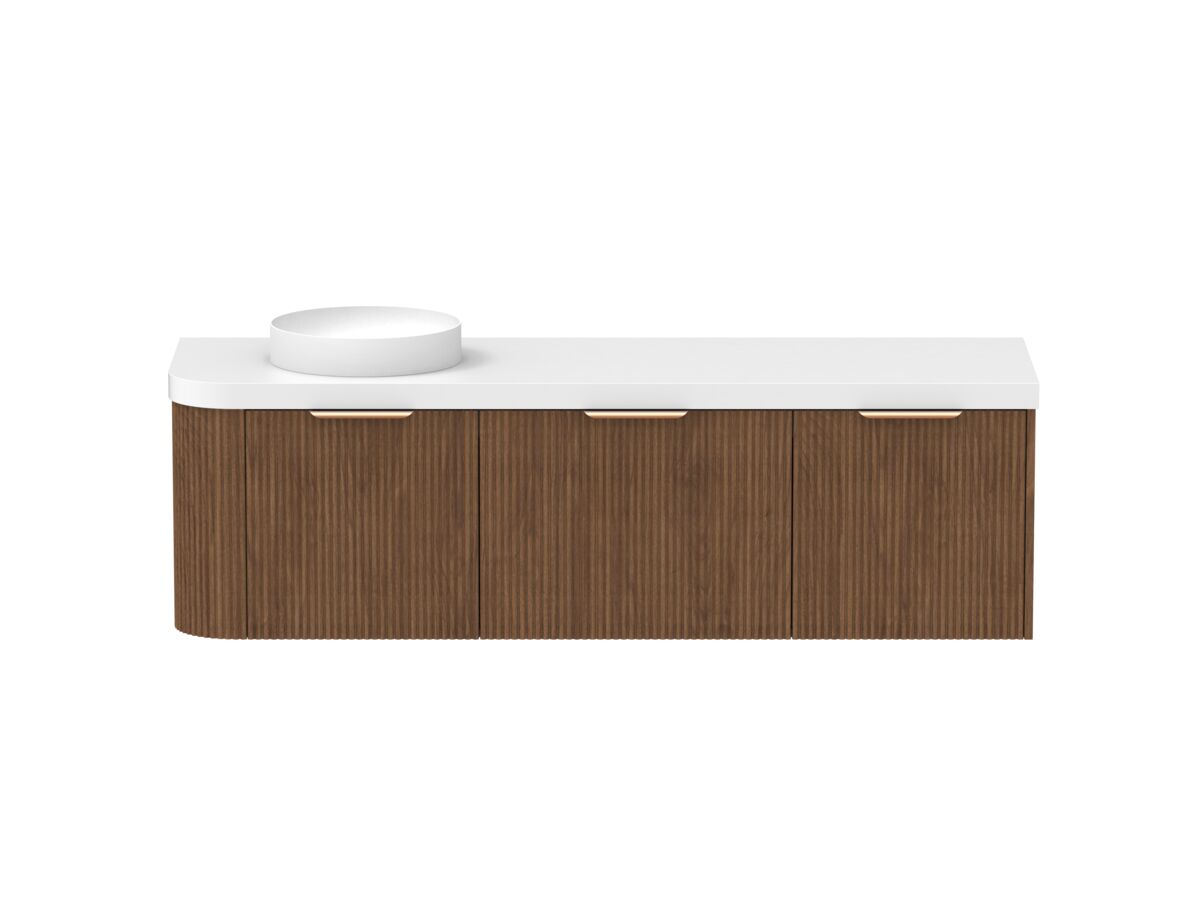 Supporting Image - Kado Neue Fluted Single Curve All Drawer 1650mm Wall Hung Vanity with Left Hand Basin Durasein 50mm Top Florentine Walnut