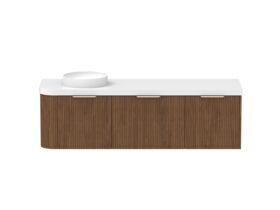 Supporting Image - Kado Neue Fluted Single Curve All Drawer 1650mm Wall Hung Vanity with Left Hand Basin Durasein 50mm Top Florentine Walnut