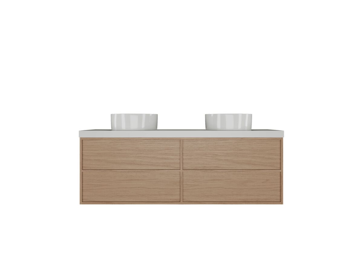 Hero - Kado Aspect Wall Hung Vanity Unit 1500mm Double Bowl 4 Drawer Caesarstone Mineral 50mm Top - Boston Oak