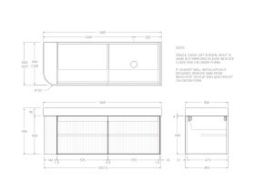 Technical Drawing - Kado Neue Fluted Single Curve All Door 1350mm Wall Hung Vanity with Right Hand Basin Durasein 90mm Top