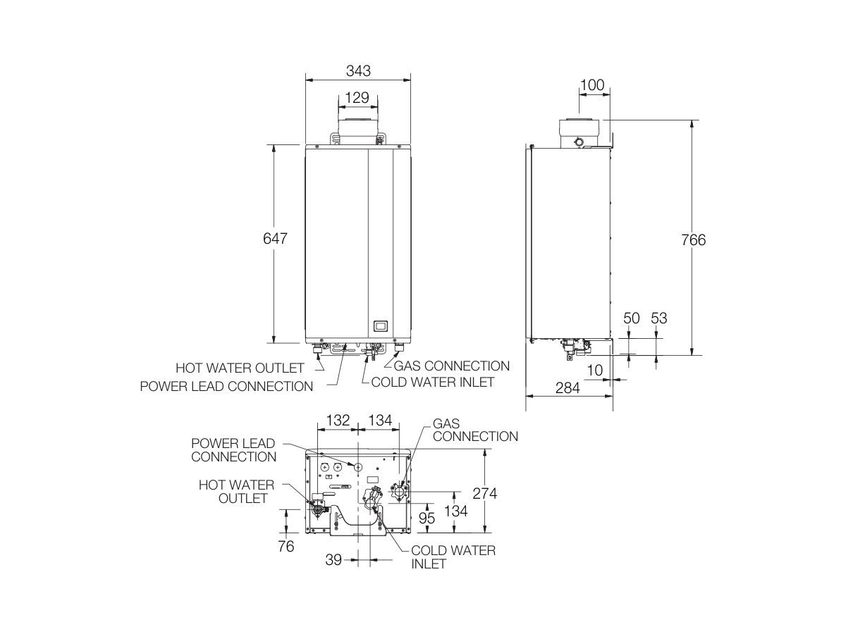 Technical Drawing - Rheem Ultra 28L Internal Gas Continuous Flow Water Heater