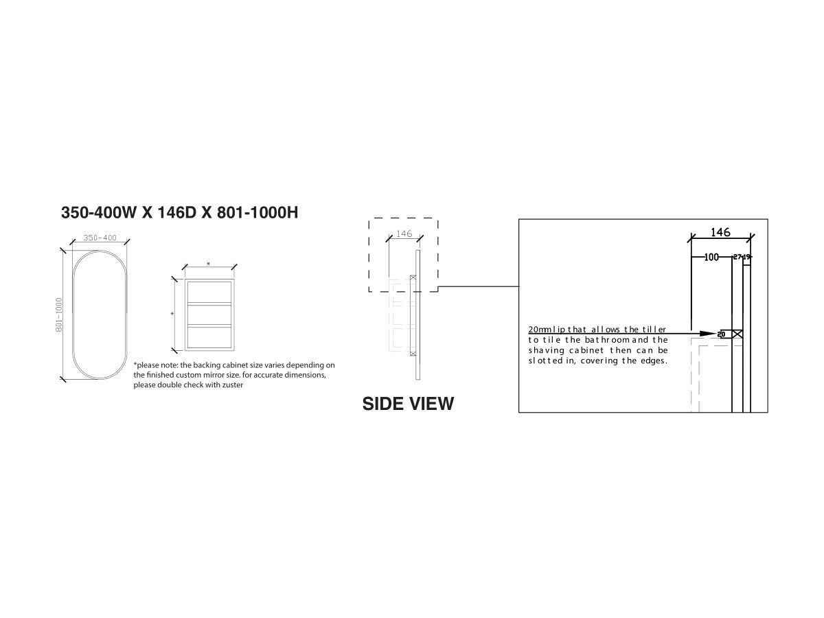 ISSY Blossom 350-400 x 801-1000mm Mirror with Shaving Cabinet (Recessed)