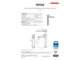 Specification Sheet - Mizu Drift Extended Basin Mixer Tap Straight Spout Brushed Brass (6 Star) Lead Free