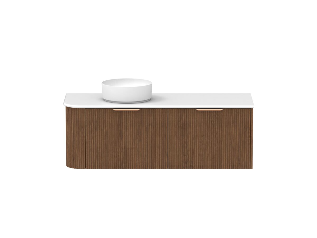 Supporting Image - Kado Neue Fluted Single Curve All Drawer 1350mm Wall Hung Vanity with Left Hand Basin 20mm Top Florentine Walnut