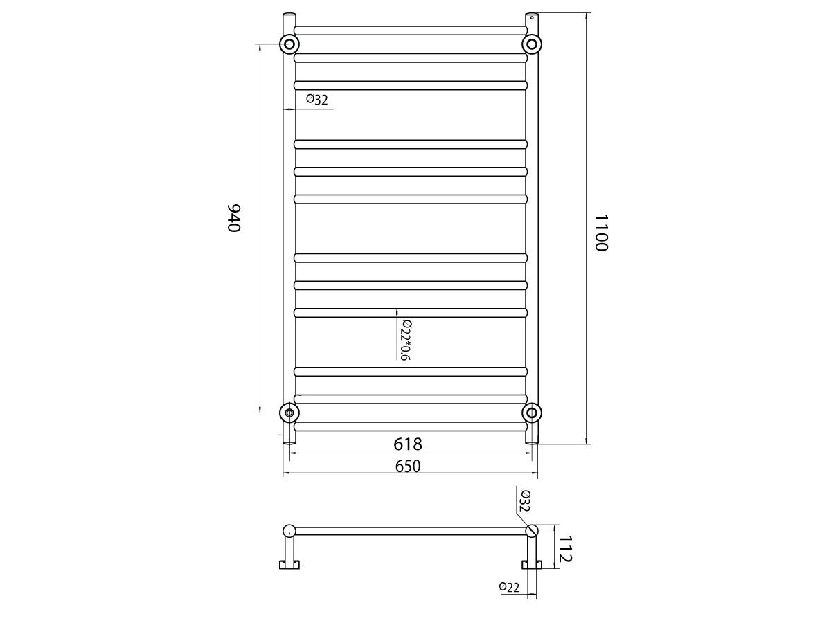 Posh Domaine Heated Towel Rail 650mm x 1100mm Polished Stainless Steel