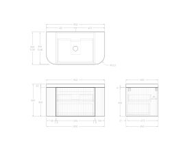 Technical Drawing - Kado Neue Fluted Double Curve All Drawer 900mm Wall Hung Vanity with Centre Basin Durasein 50mm Top