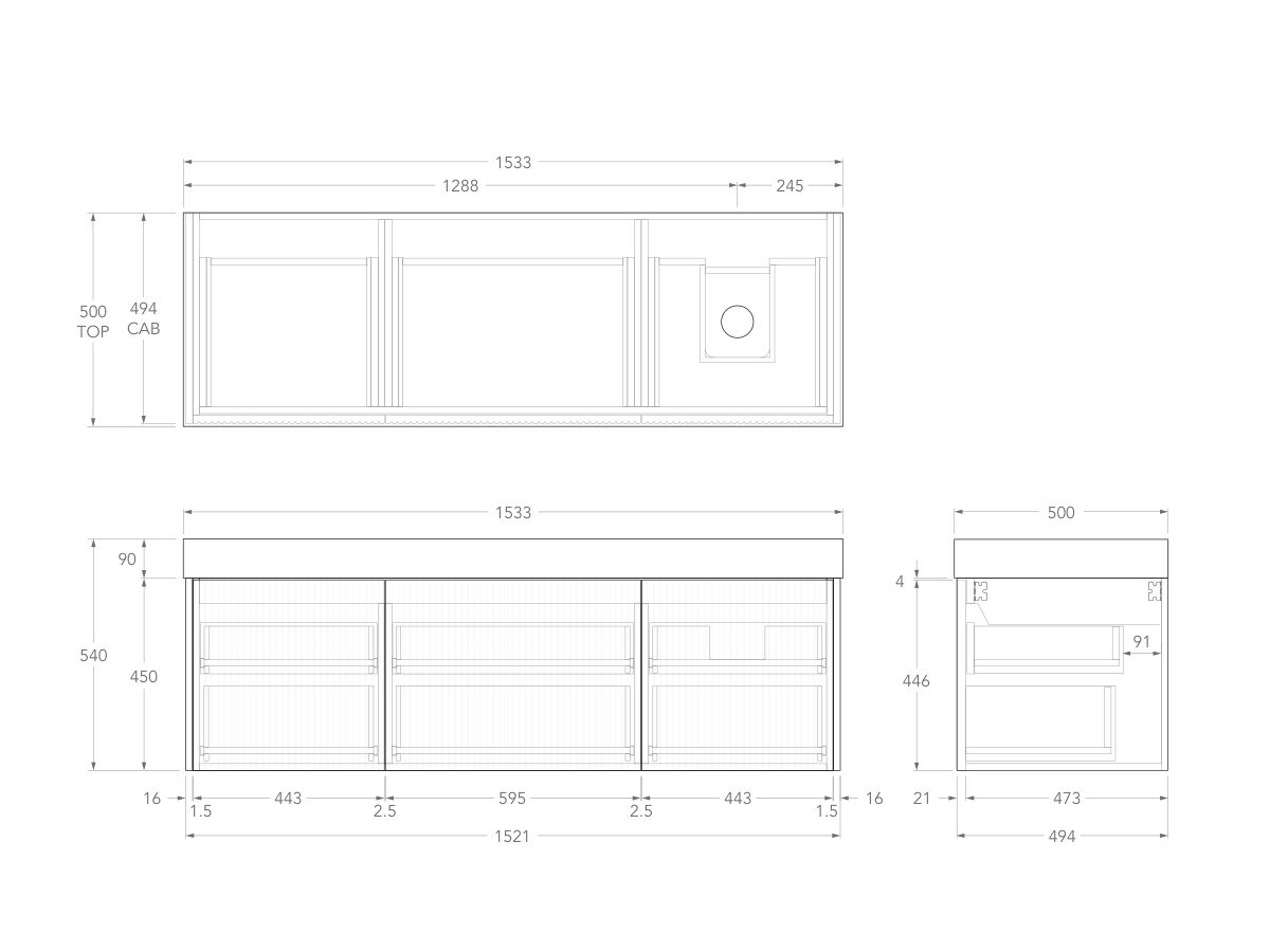 Technical Drawing - Kado Neue Fluted Square All Drawer 1500mm Wall Hung Vanity with Right Hand Basin 90mm Top