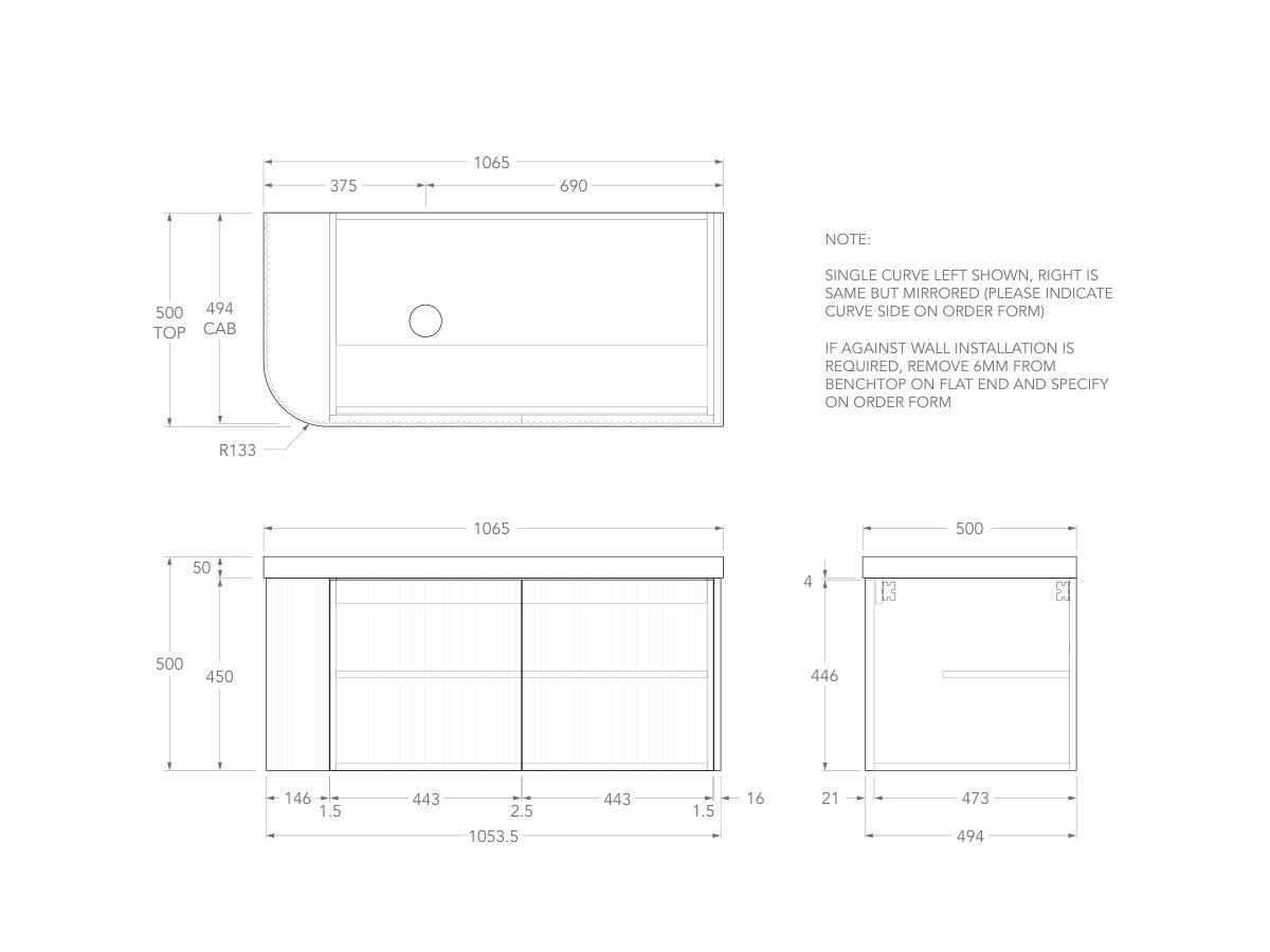 Technical Drawing - Kado Neue Fluted Single Curve All Door 1050mm Wall Hung Vanity with Left Hand Basin Durasein 50mm Top
