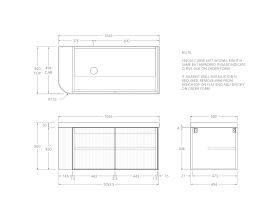 Technical Drawing - Kado Neue Fluted Single Curve All Door 1050mm Wall Hung Vanity with Left Hand Basin Durasein 50mm Top