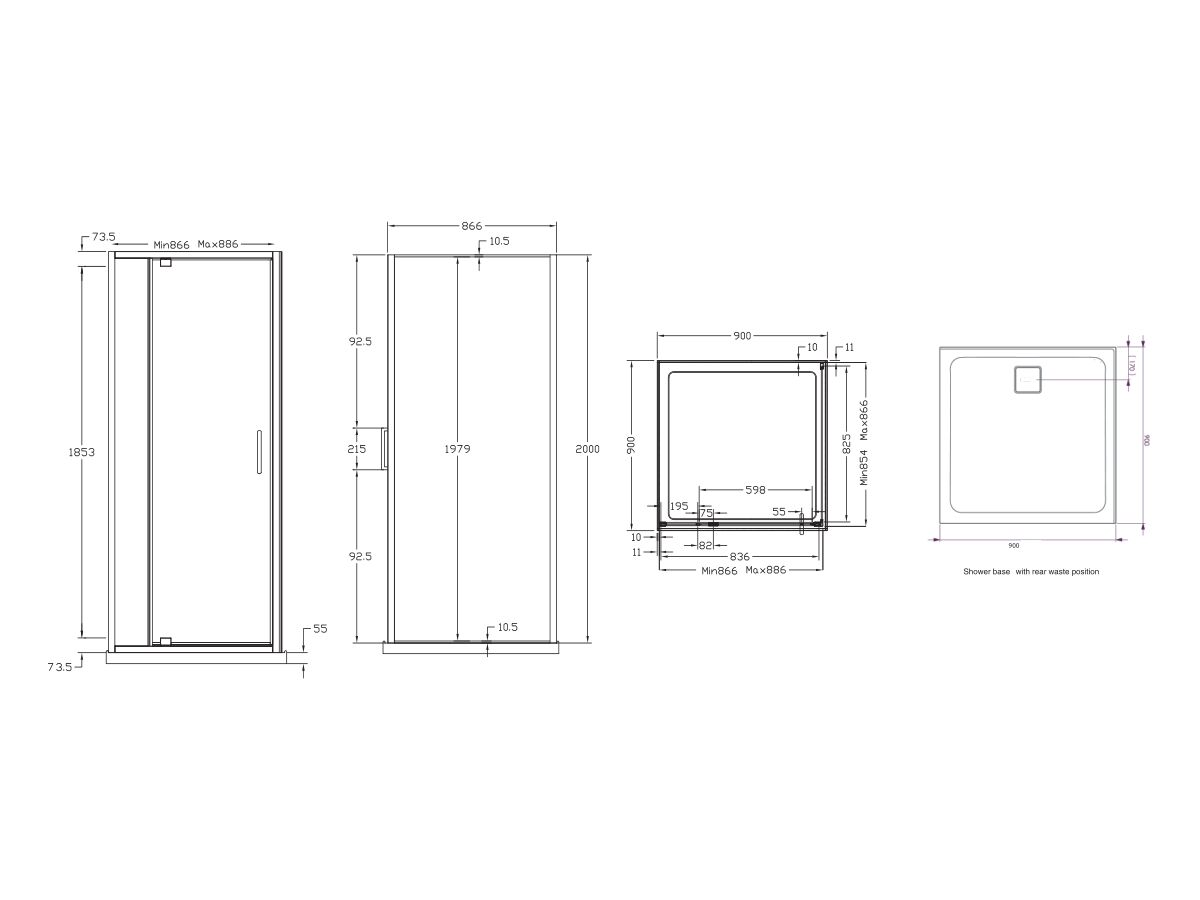 Base MKII Shower System with Rear Outlet 900mm x 900mm White & Chrome