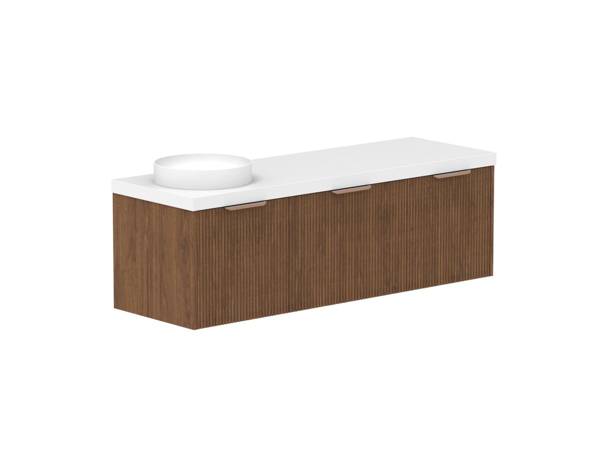 Hero - Kado Neue Fluted Square All Drawer 1500mm Wall Hung Vanity with Left Hand Basin 50mm Top Florentine Walnut