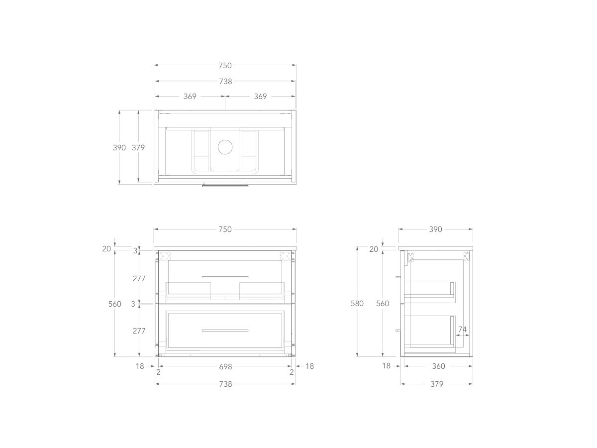 Technical Drawing - Kado Lux Ensuite All Drawer Twin 750mm Wall Hung Centre Basin 20mm Top