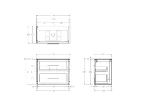 Technical Drawing - Kado Lux Ensuite All Drawer Twin 750mm Wall Hung Centre Basin 20mm Top