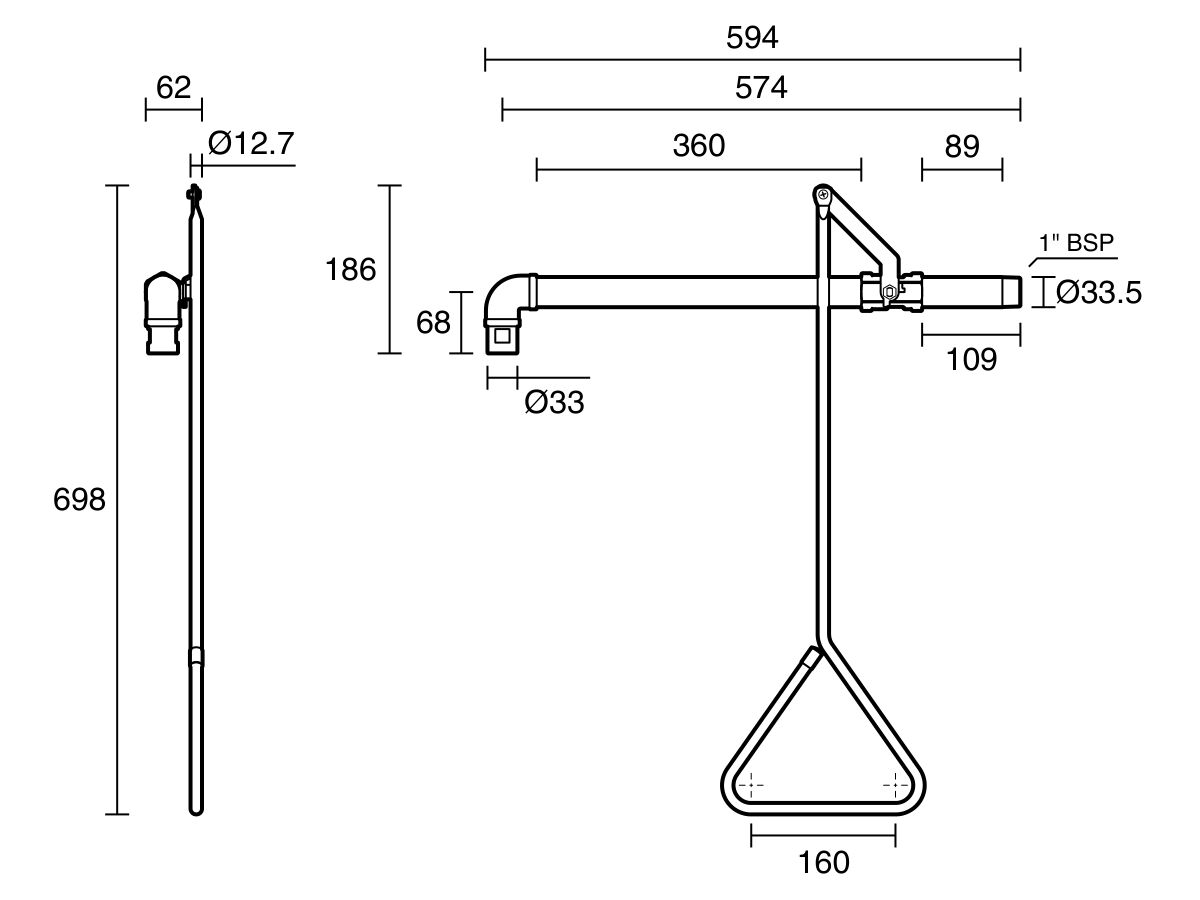 Technical Drawing - Wolfen Wall Mounted Safety Drench Shower Polished Stainless Steel