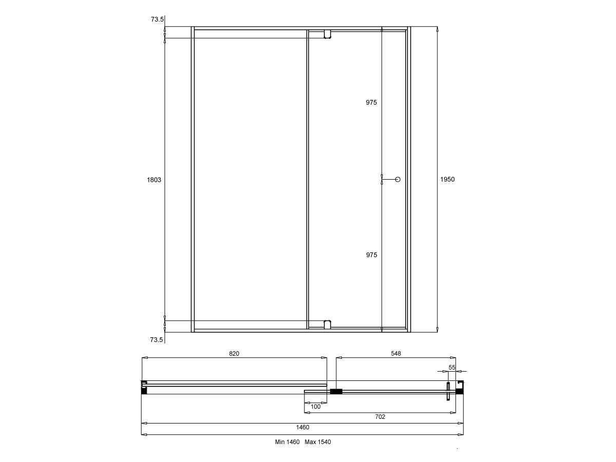 Creative Glass Semi-Framed Front Only shower screen with pivot door - Height 1950 x Front 1460-1540. 6mm Clear toughened glass and Polished Silver frame.