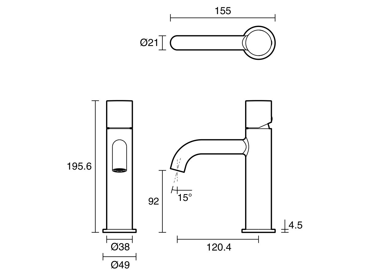 Technical Drawing - Mizu Drift Dial Basin Mixer Tap Curved Spout (6 Star) Lead Free